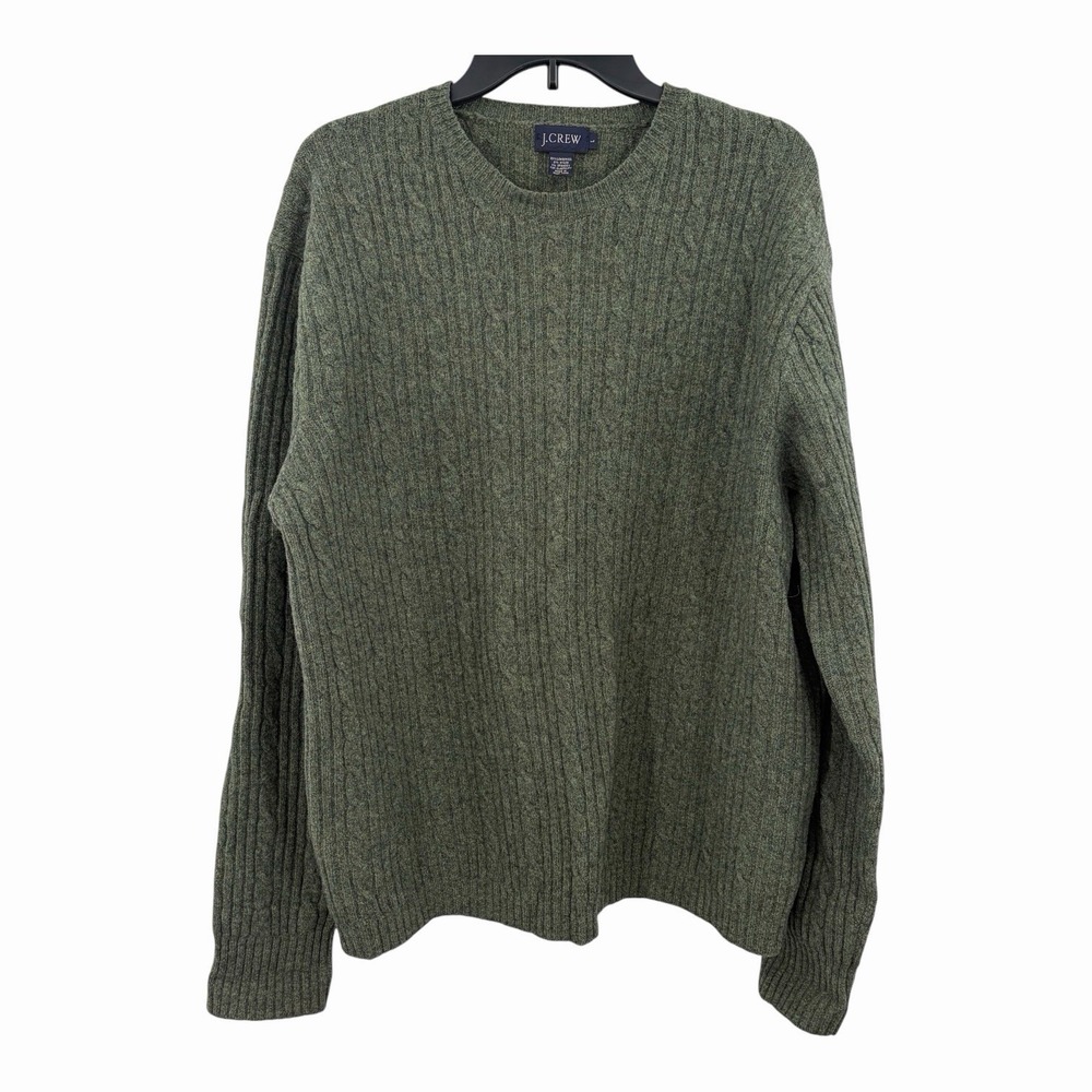 VTG J Crew Sz L Lambswool Green Cable Knit Fisherman Crewneck Sweater 90s Y2K